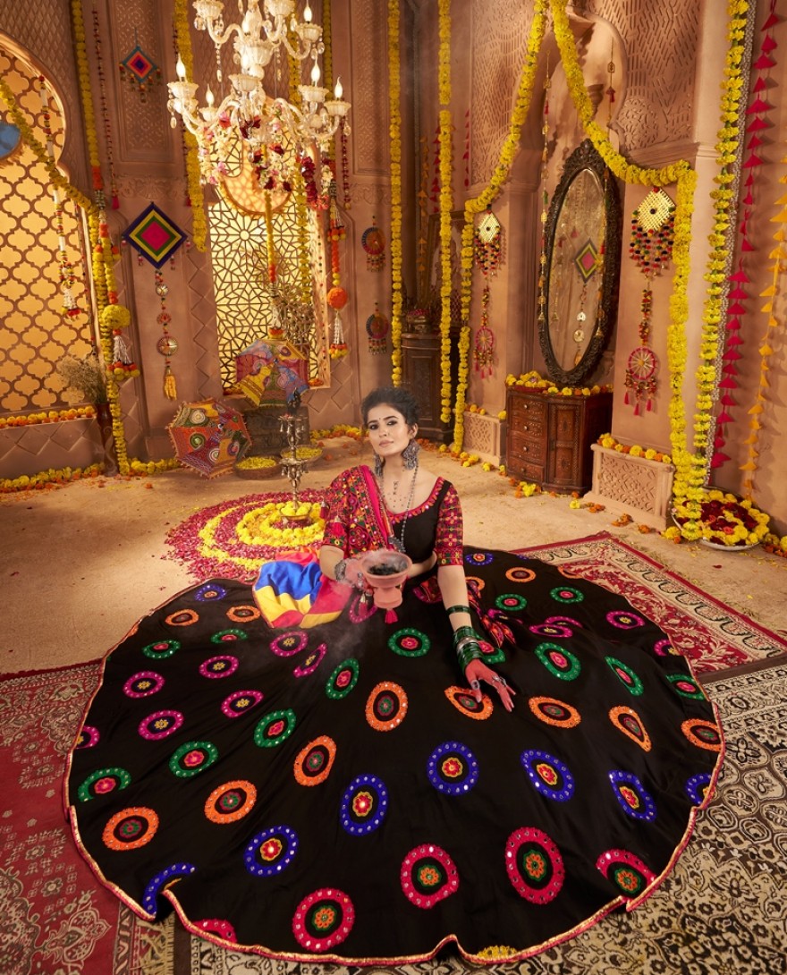 11012 - PRETTY BLACK MIRROR WORK NAVRATRI WEAR LEHENGA CHOLI WITH DUPATTA